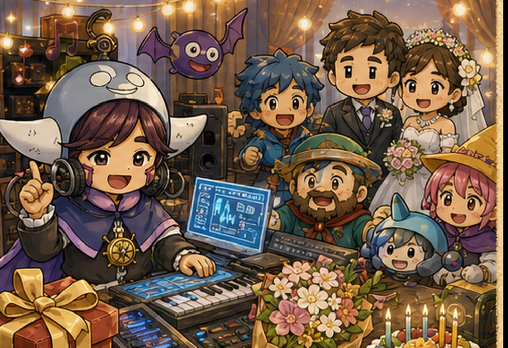 主人公と相棒がAIミュージックを制作するアニメ調イラスト