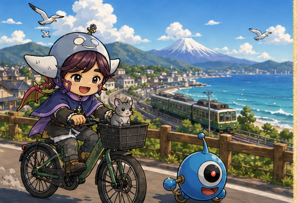主人公と相棒が海沿いをサイクリングするアニメ調イラスト