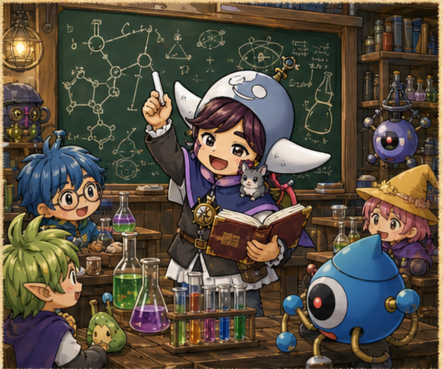 2頭身の主人公とかわいい相棒のイラスト